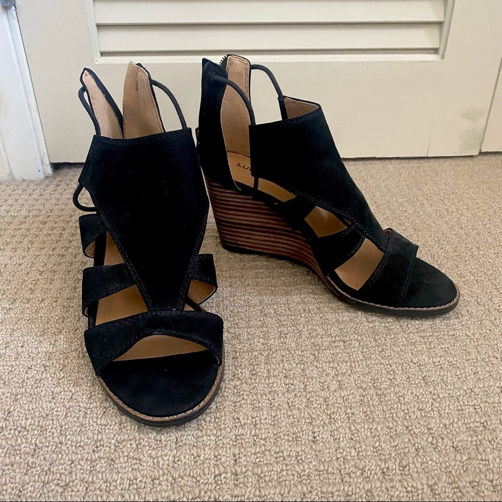 Lucky Brand Black Suede Wedge cutout sandal